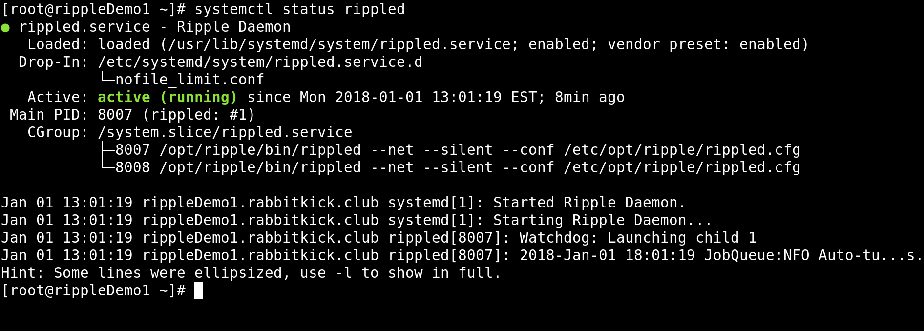 Screenshot of systemctl status rippled command.